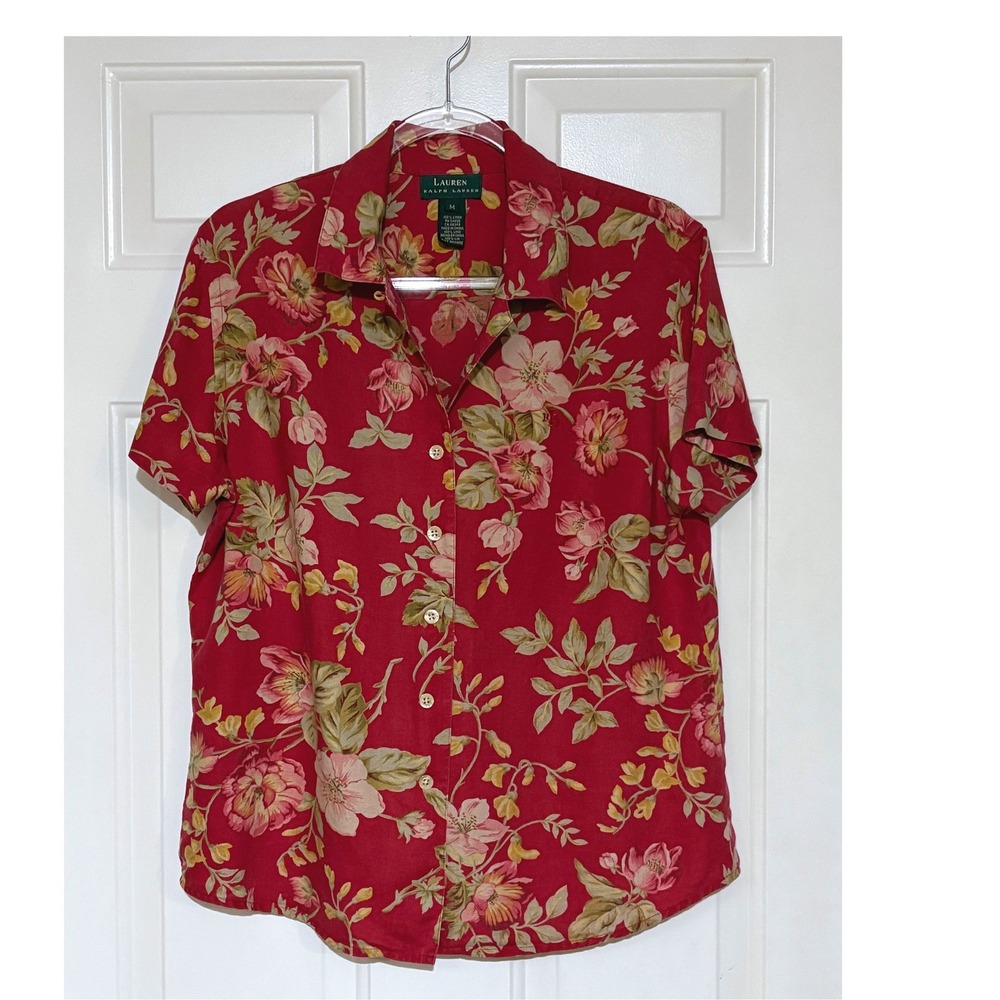 Ralph Lauren Red Floral 100% Linen Vintage Camp Shirt Sz M Button Up  
Y2K Retro